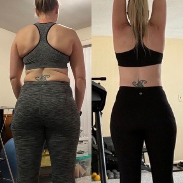 Two people standing with arms raised, showing back and front views in workout clothes indoors