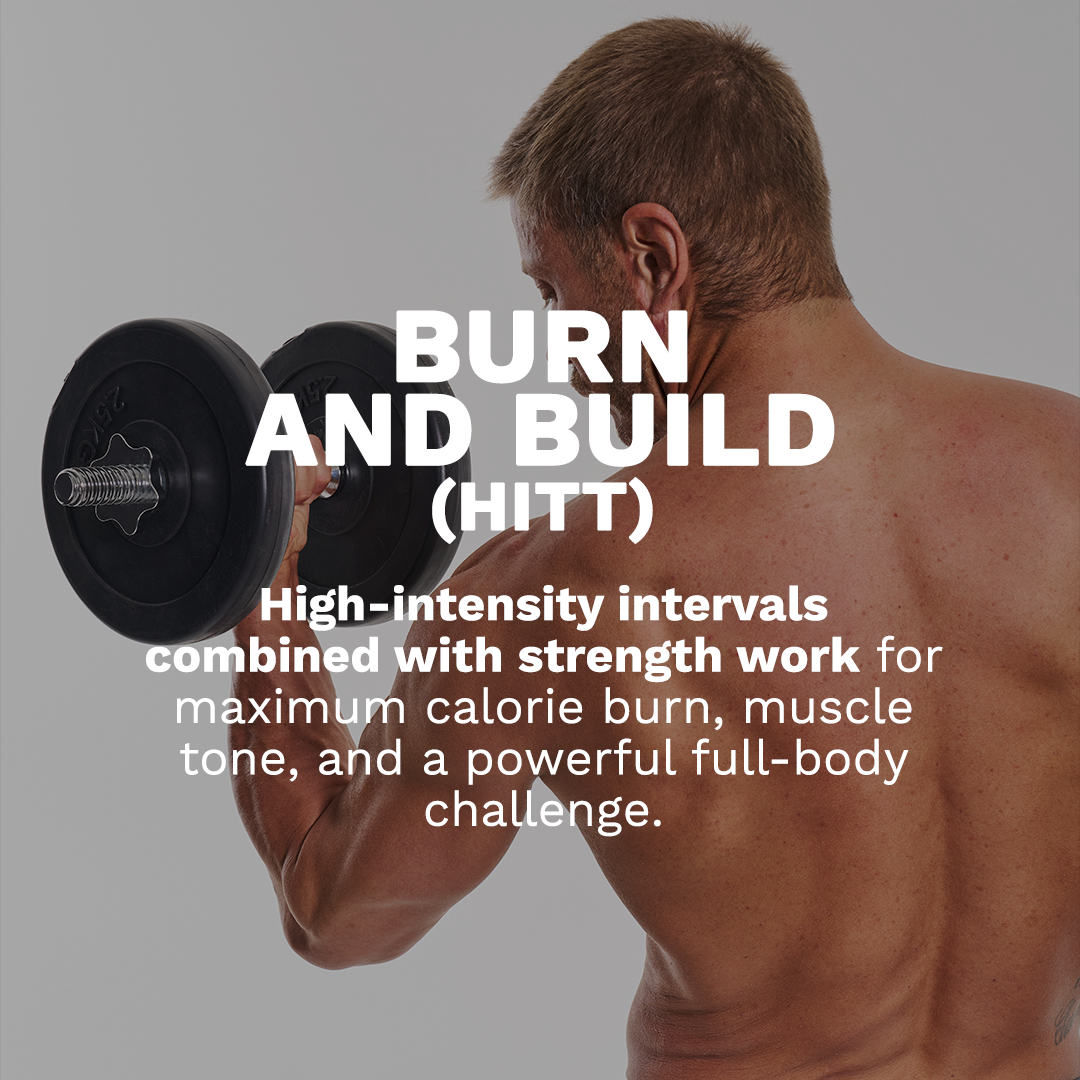 Man lifting a dumbbell with overlaid text: “Burn and Build (HIIT)” and workout description.