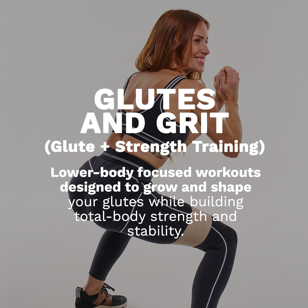 Woman doing a squat exercise in black workout clothes beside text: “GLUTES AND GRIT.”