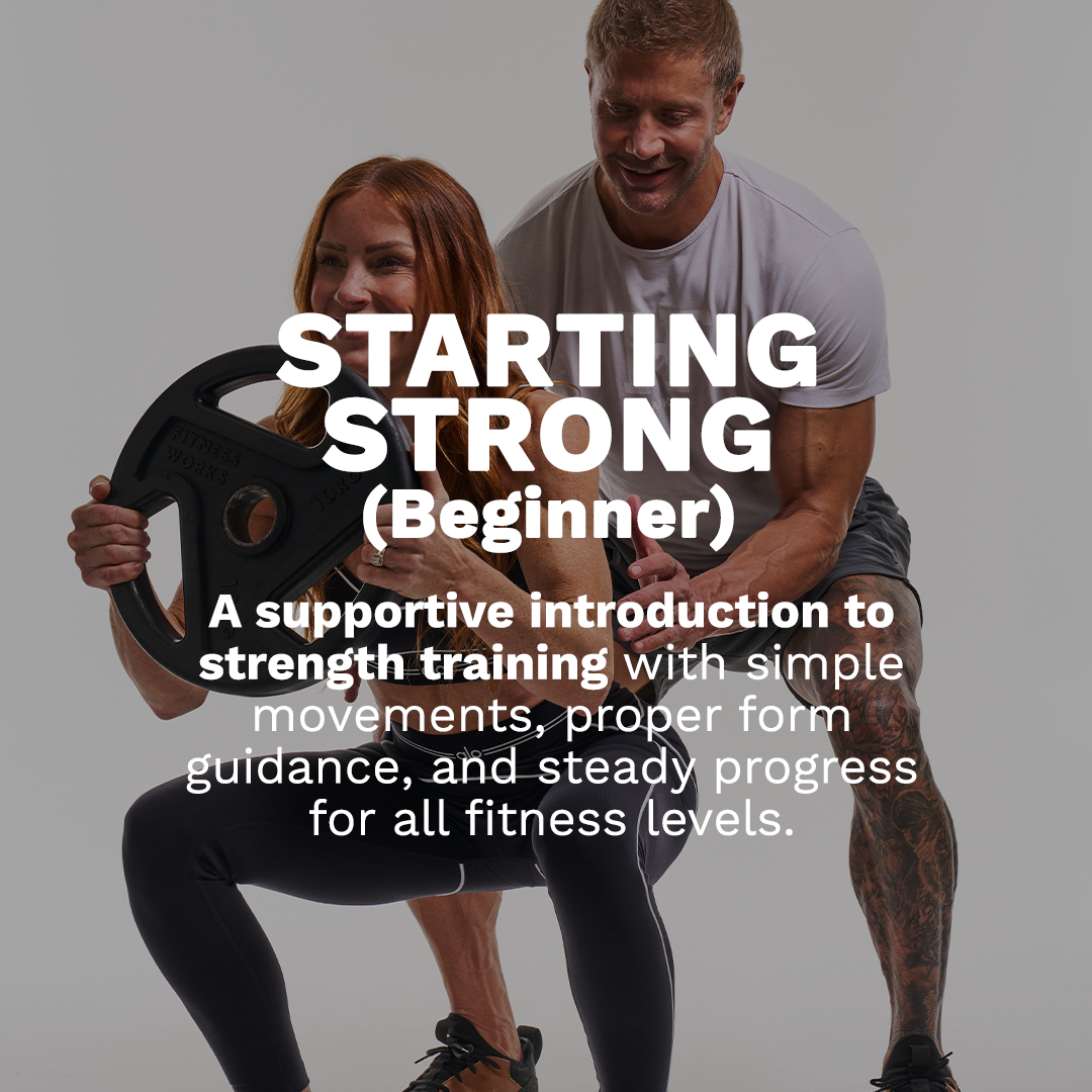 Fitness poster with two people demonstrating a beginner strength-training exercise and bold text overlay.