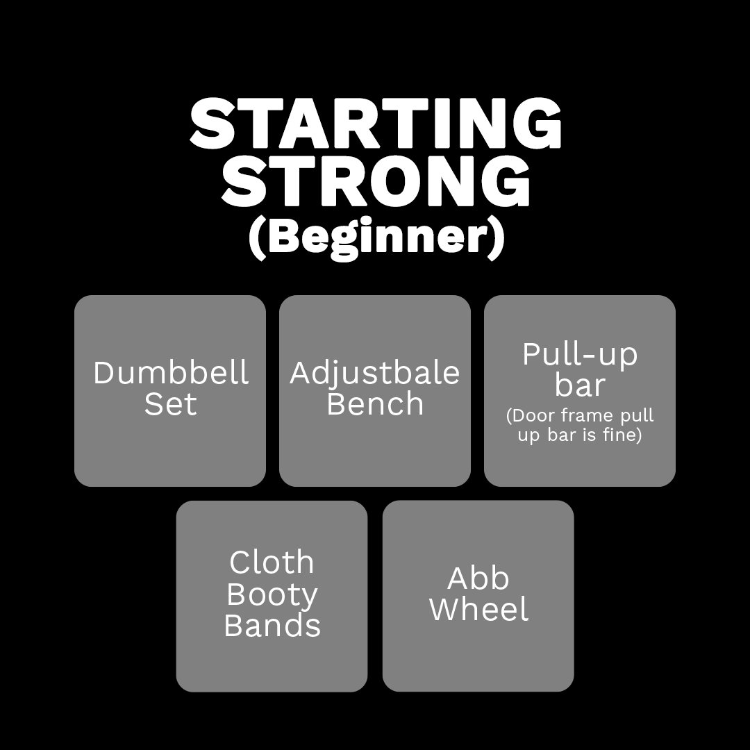 Black workout graphic titled “Starting Strong (Beginner)” with dumbbell set, adjustable bench, pull-up bar, cloth booty bands, and ab wheel.