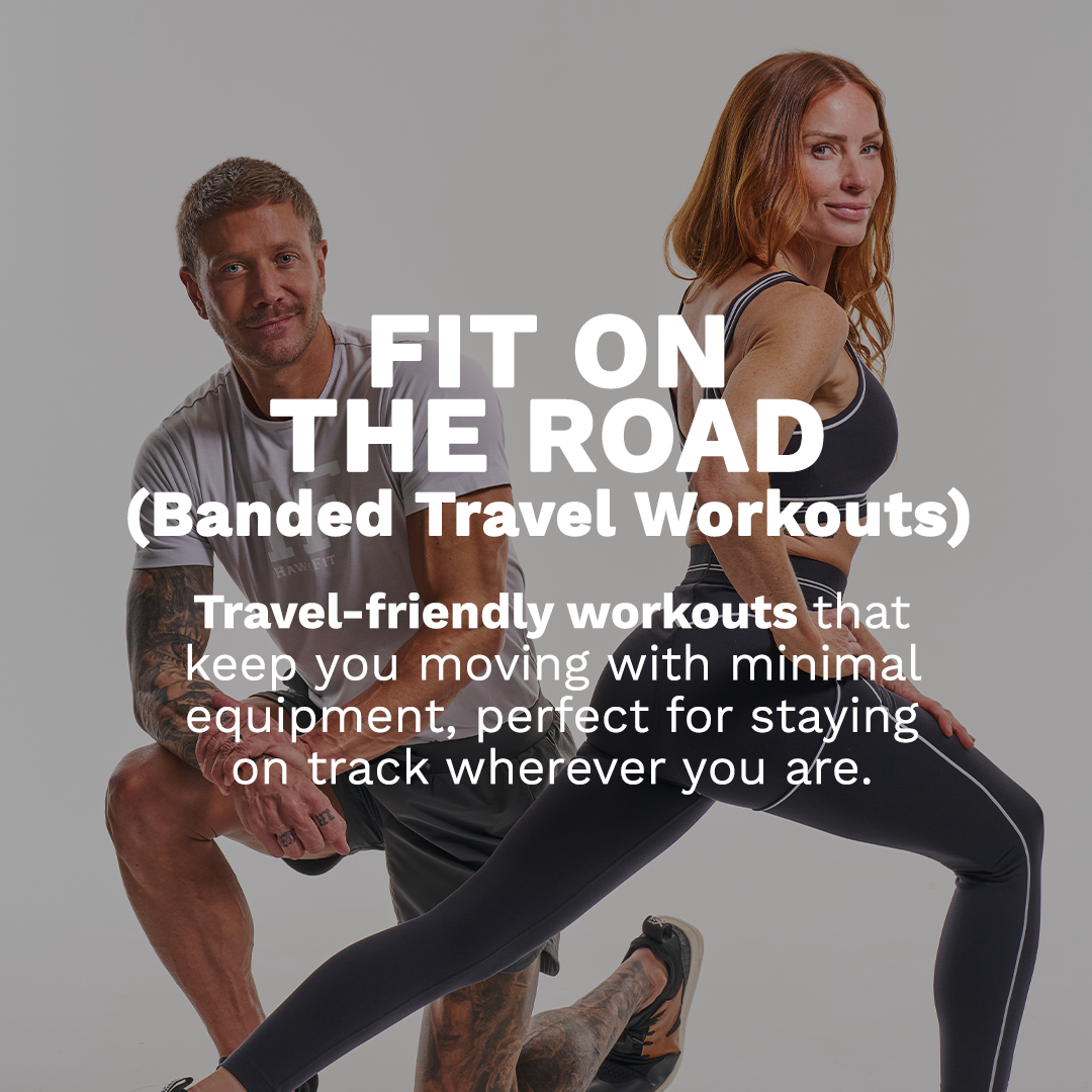 Fitness promo with two people exercising and text: “Fit on the Road (Banded Travel Workouts)”