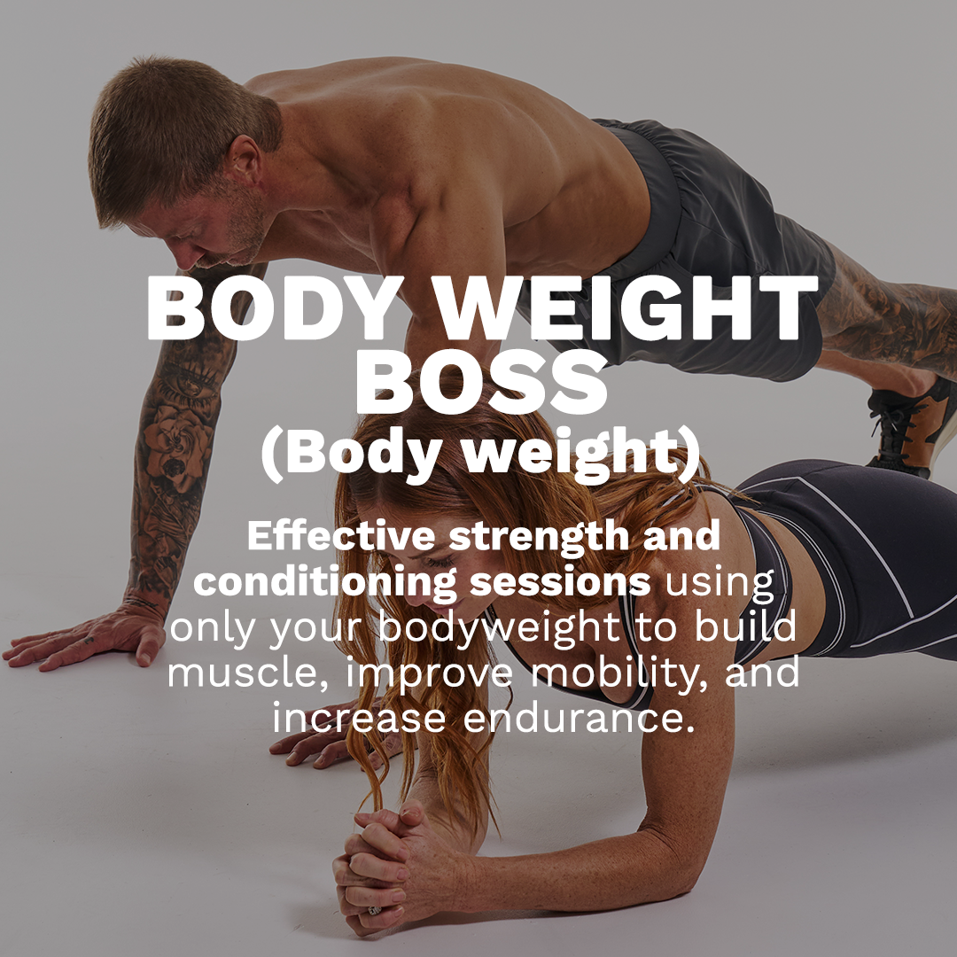 Two men doing bodyweight exercises with bold text about strength and conditioning