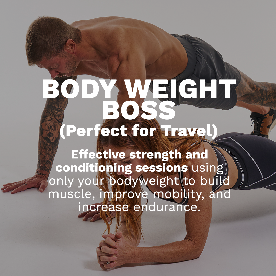 Bodyweight training poster with two men doing push-up variations on a gym floor.