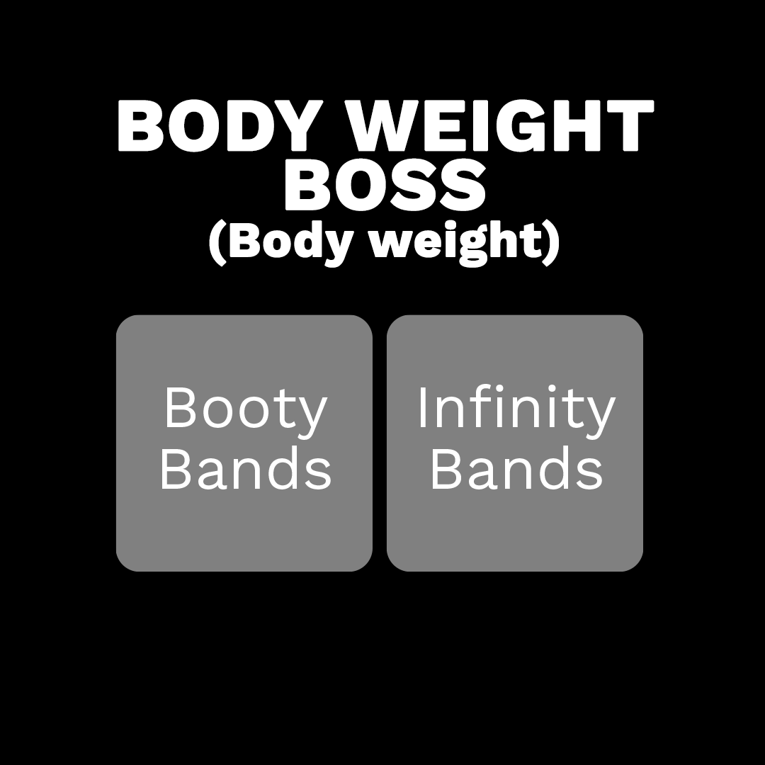 Text graphic reading “BODY WEIGHT BOSS (Body weight)” with buttons for “Booty Bands” and “Infinity Bands” on black background