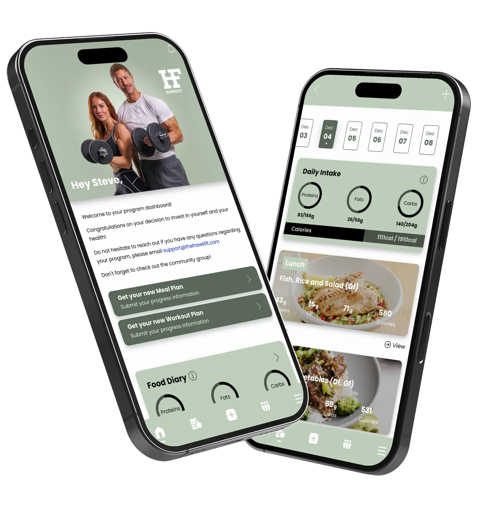Two tilted smartphones showing a green fitness and meal-tracking app interface
