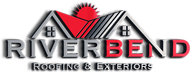 RiverBend Roofing & Exteriors logo with two gray roof peaks and a red sunburst
