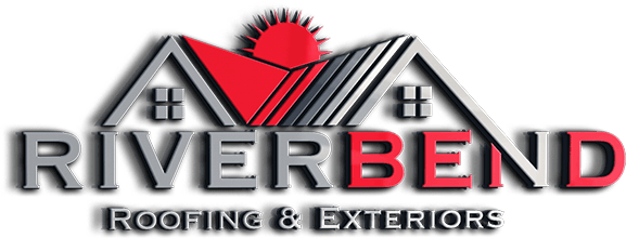 RiverBend Roofing & Exteriors logo with two gray roof peaks and a red sunburst
