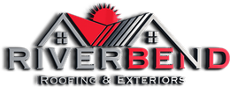 RiverBend Roofing & Exteriors logo with two gray roof peaks and a red sunburst