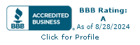 BBB Accredited Business badge with A rating, as of 8/28/2024, and “Click for Profile” text