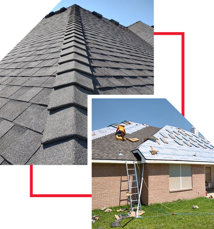 Roof repair with shingles and a worker replacing a house roof on a ladder