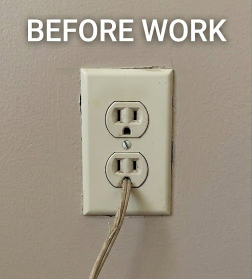 Text “BEFORE WORK” above an outlet with a cord plugged into the bottom socket.