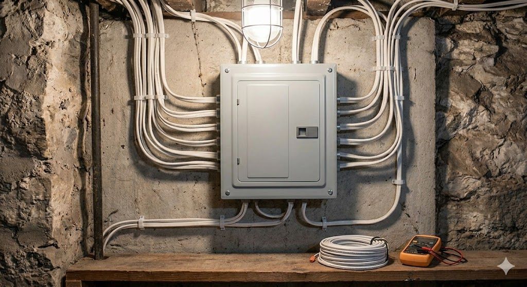 Electrical breaker panel mounted on a rough stone wall with exposed wiring and tools on a workbench below