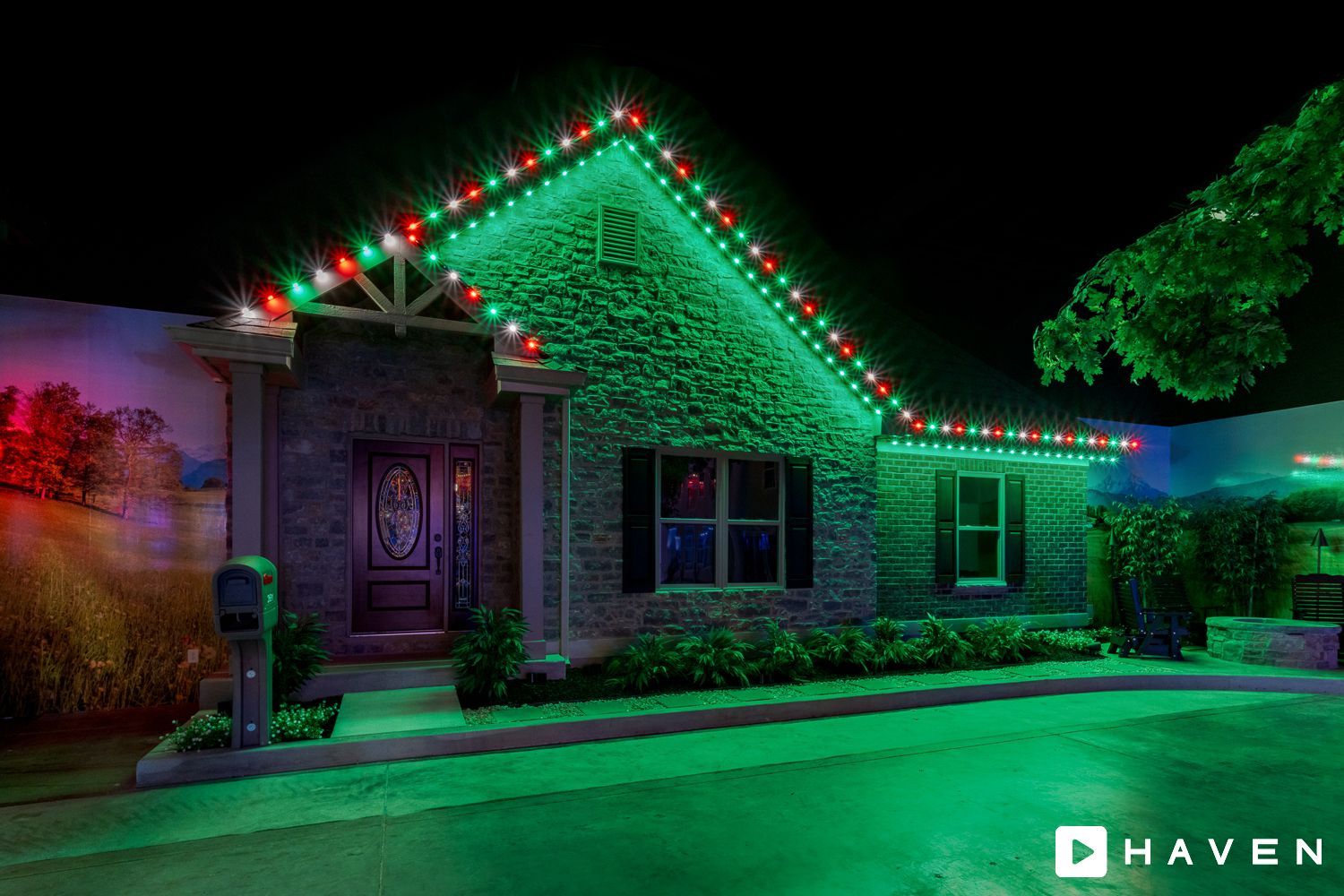 A house with christmas lights on the roof at night.