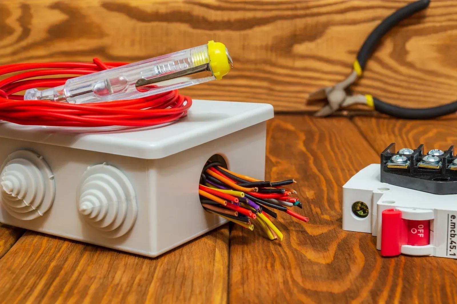 Electrical wiring components on a wooden table with red and black wires and a small box with knobs.