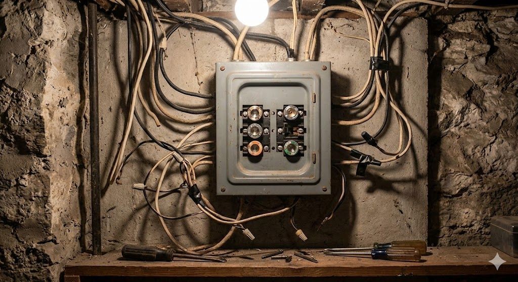 Rusty electrical control panel with tangled wires on a concrete wall, lit by a bare bulb in a dim room