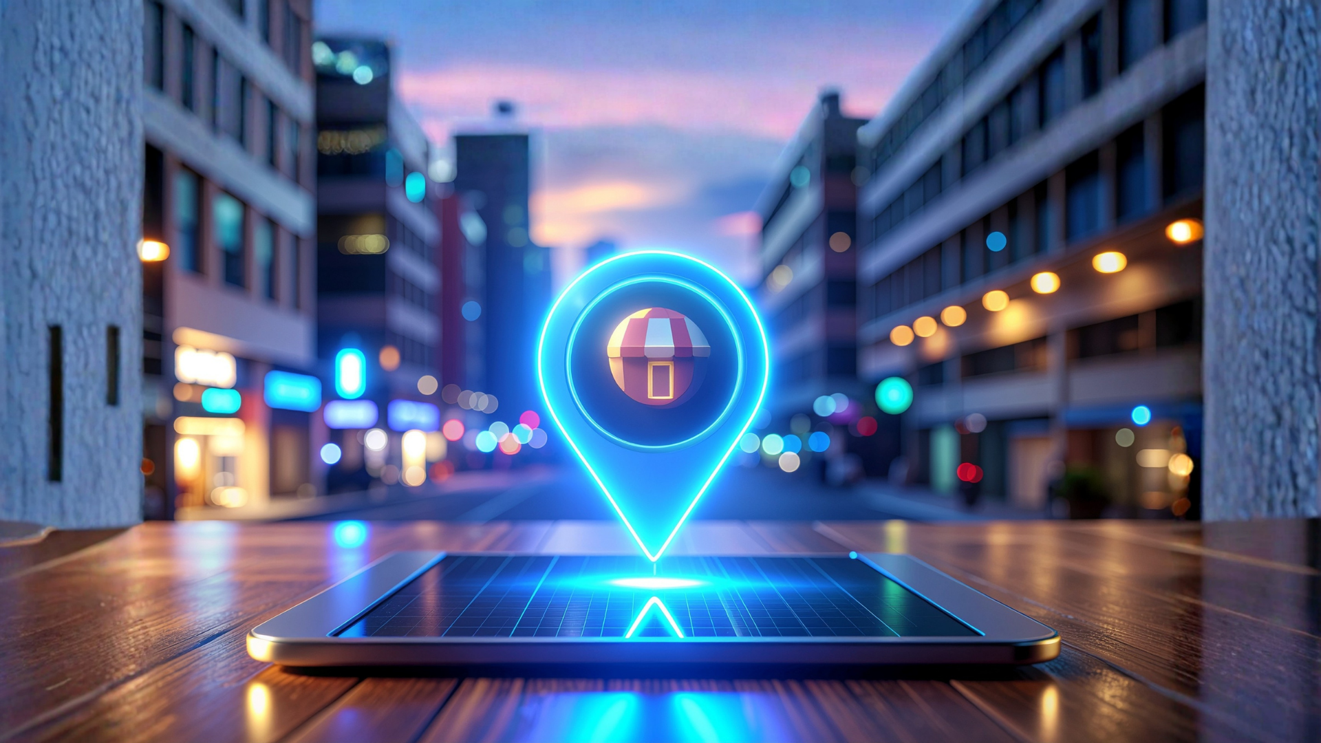Glowing blue location pin with a lock icon over a smartphone in a city street at dusk