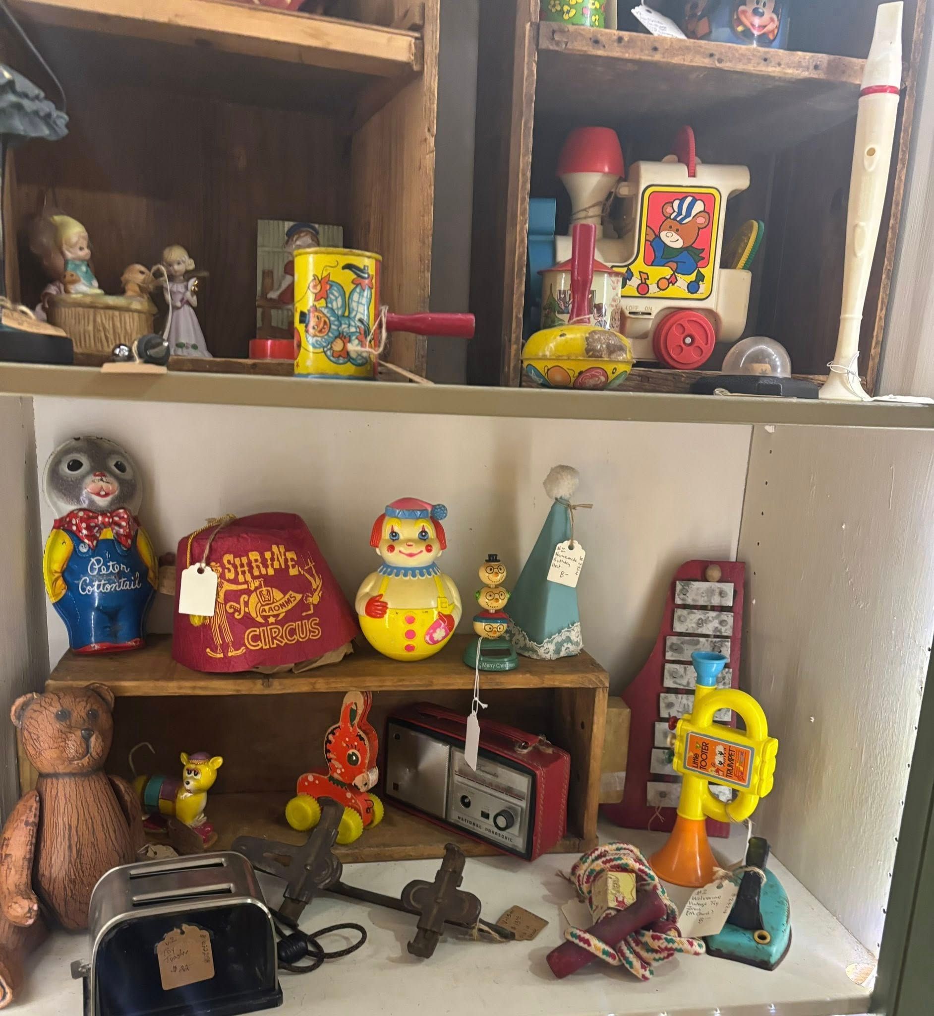  vintage toys, including bears, robots, and clown