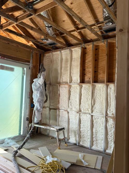Interior renovation with spray-foam insulated walls, exposed ceiling joists, and a ladder near a window.