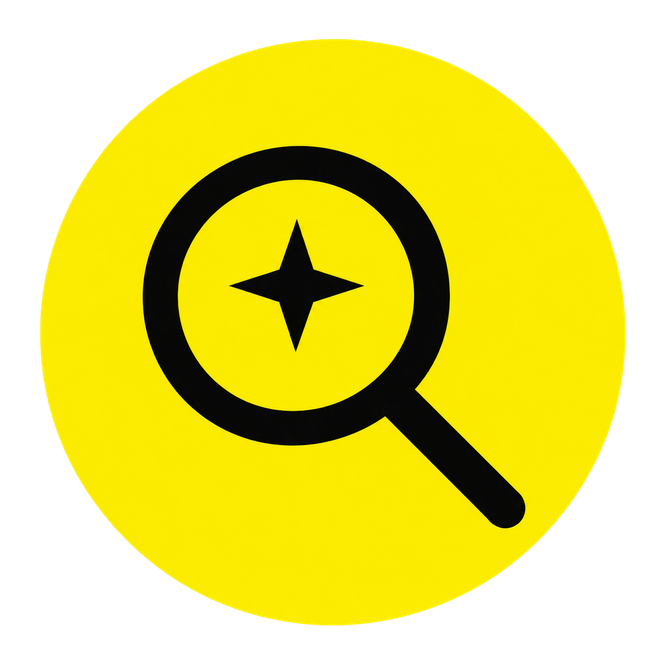 Yellow circle with a black magnifying glass and star icon inside