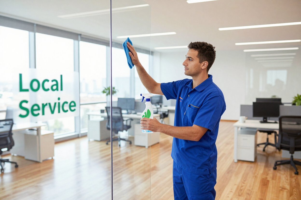 Cleaner in blue uniform wiping an office glass wall with “Local Service” text nearby
