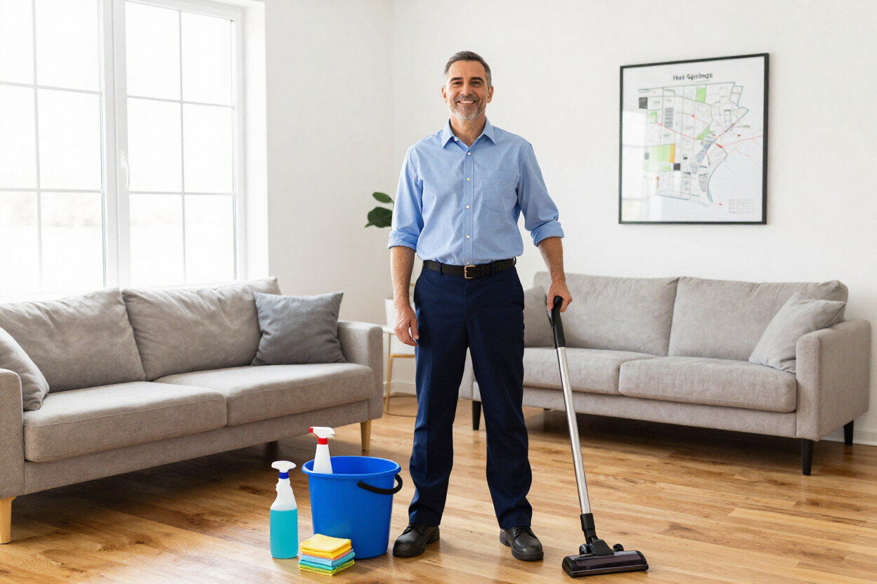 Man smiling in a bright living room with cleaning supplies, bucket, mop, and vacuum.