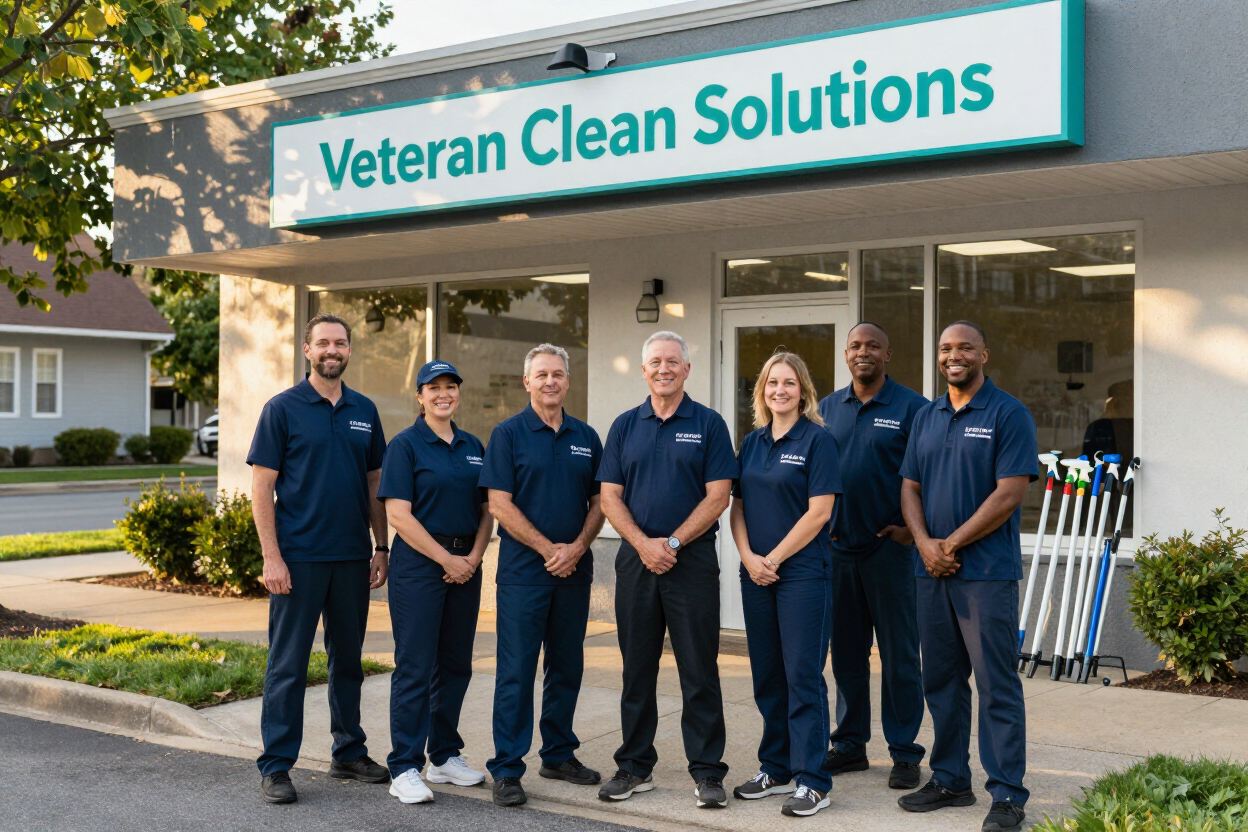 Veteran Clean Solutions team standing outside their storefront under a teal sign