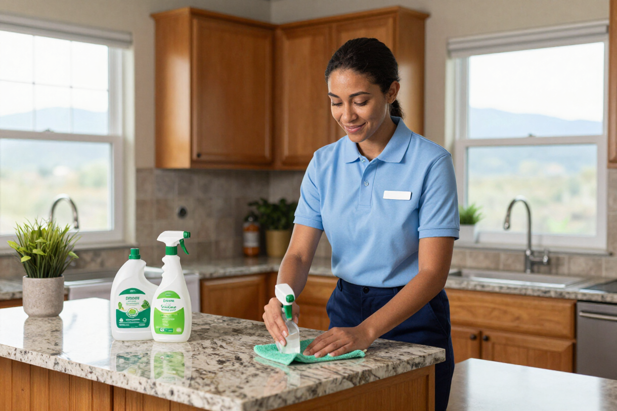 Cleaner wiping granite countertop in a bright kitchen with cleaning products nearby