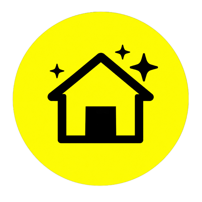 Black house icon with sparkles on a yellow circle background