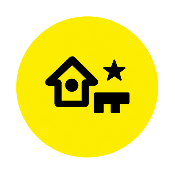 Yellow circle with black house, star, and bed icons