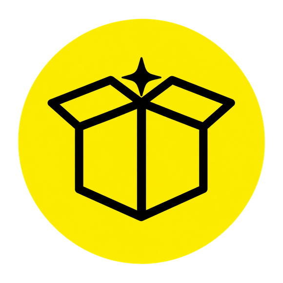 Black open box icon with a sparkle on a yellow circle background