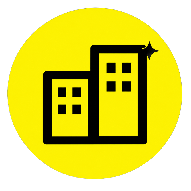 Black building icon on a yellow circle with a small star in the top right.