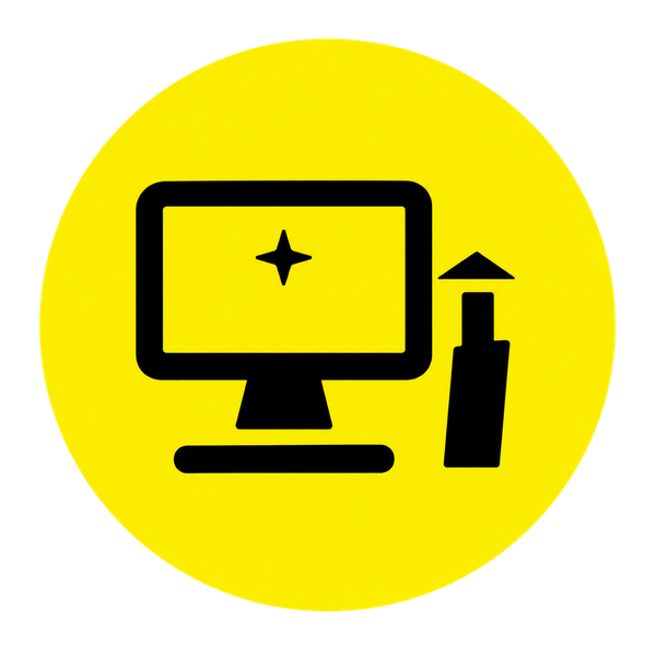 Black computer monitor and USB drive icon on a yellow circle background