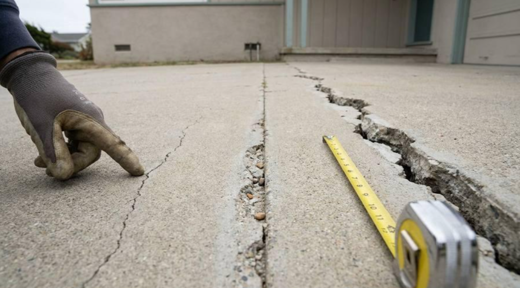 Measuring tape beside a long crack in a concrete slab, with a gloved hand pointing at the damage