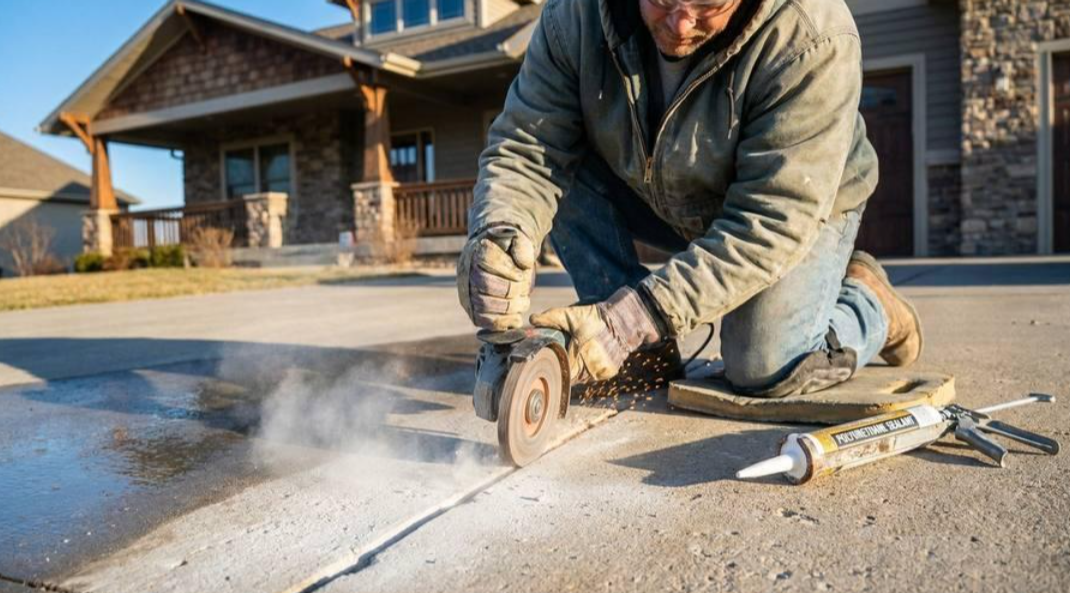 Worker cutting concrete on a driveway with a power saw, with dust rising beside tools and a house in the background