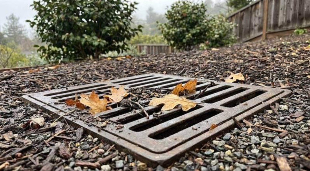 Rusty storm drain grates on gravel with scattered dry leaves outdoors in a wooded area
