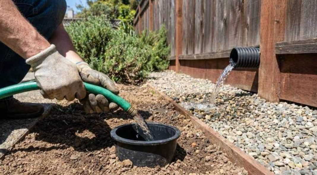 Gloved hands water a mulch bed beside a wooden fence, with a black drainpipe in the background