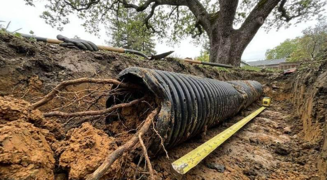 Collapsed black drainage pipe in muddy soil, with a yellow measuring rod beside it under trees.