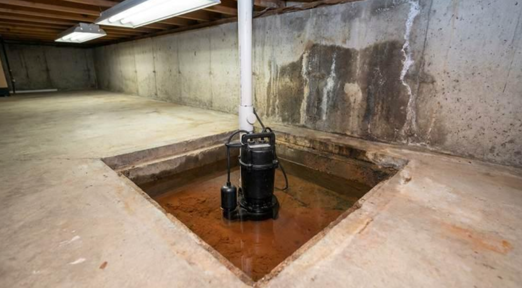 Basement sump pump in a concrete pit beside a wet, stained wall