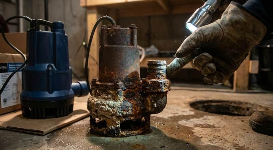 Gloved hand working on a rusty pipe valve beside a blue pump in a damp industrial setting