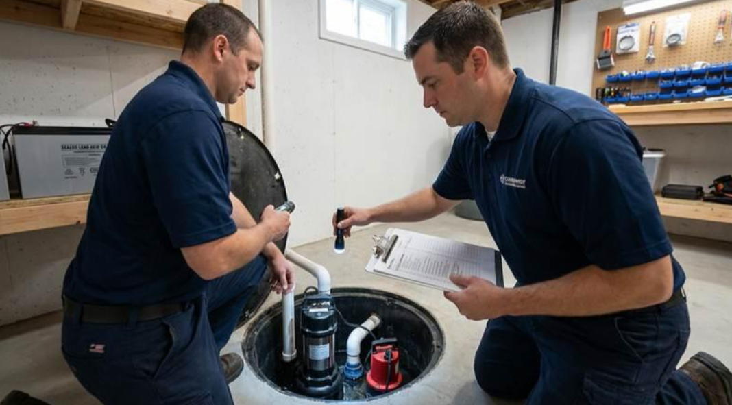 Two technicians inspect equipment in a workshop, kneeling beside a round mechanical unit.