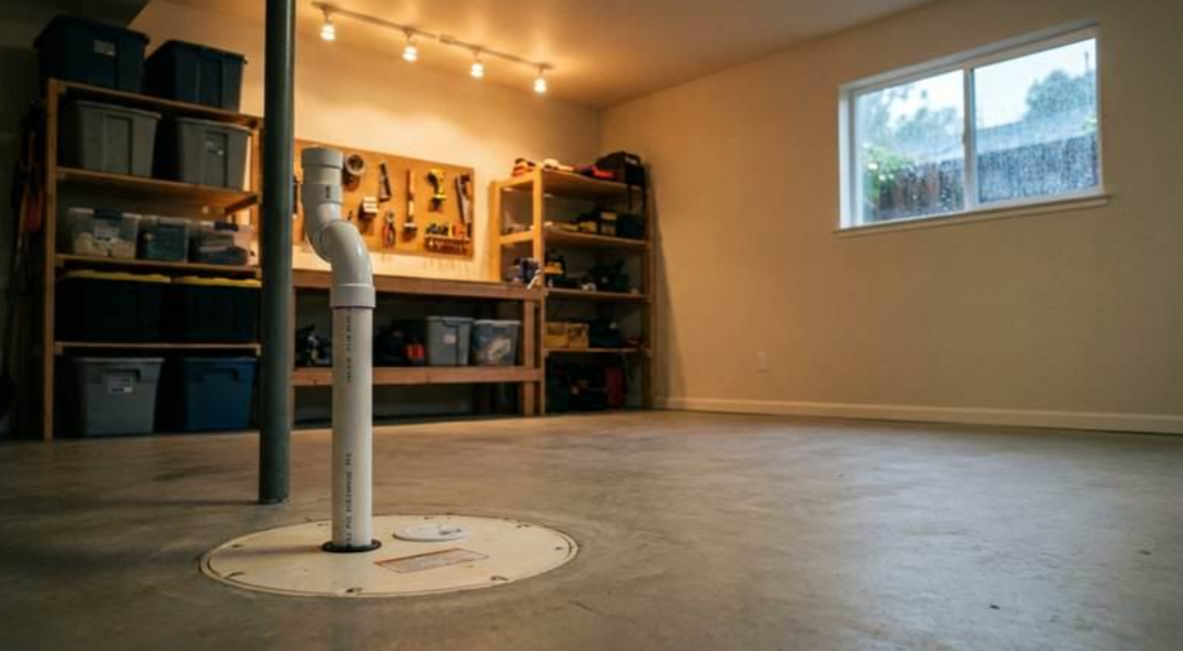 Empty basement room with concrete floor, white support post, shelves, warm string lights, and a small window.