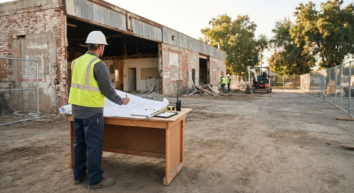 Commercial demolition contractor reviewing site blueprints in front of an active project in Tracy, CA.