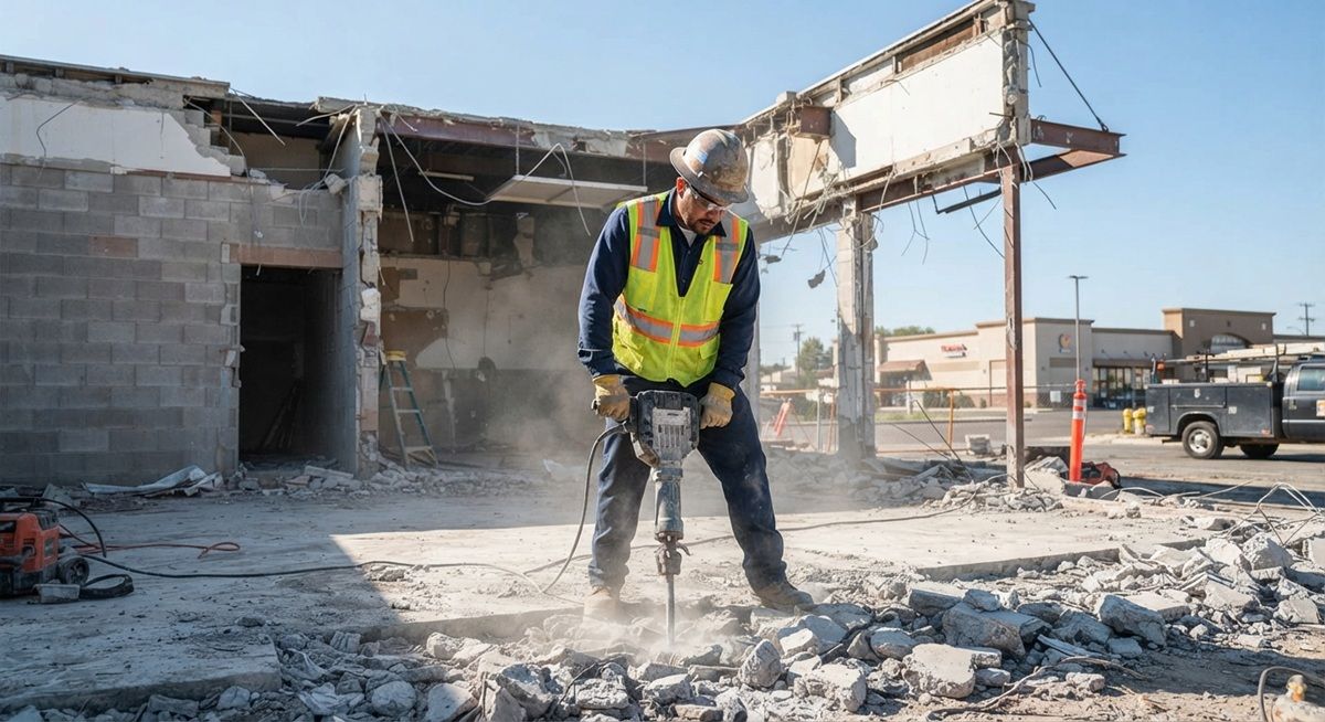 Commercial demolition contractor operating a jackhammer on a job site in Tracy, California.