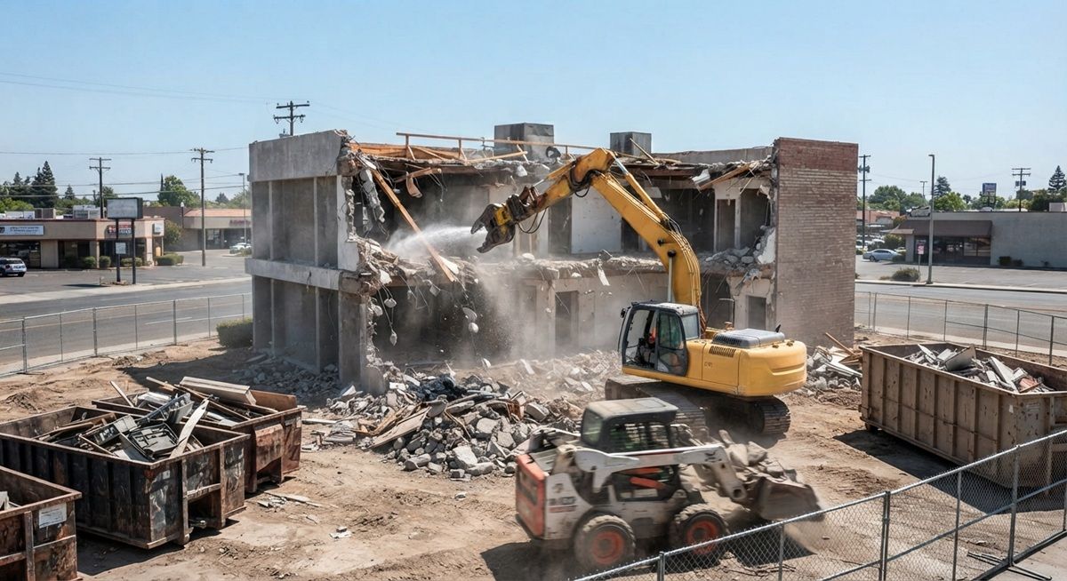 An excavator demolishes a commercial building next to dumpsters and a skid-steer.