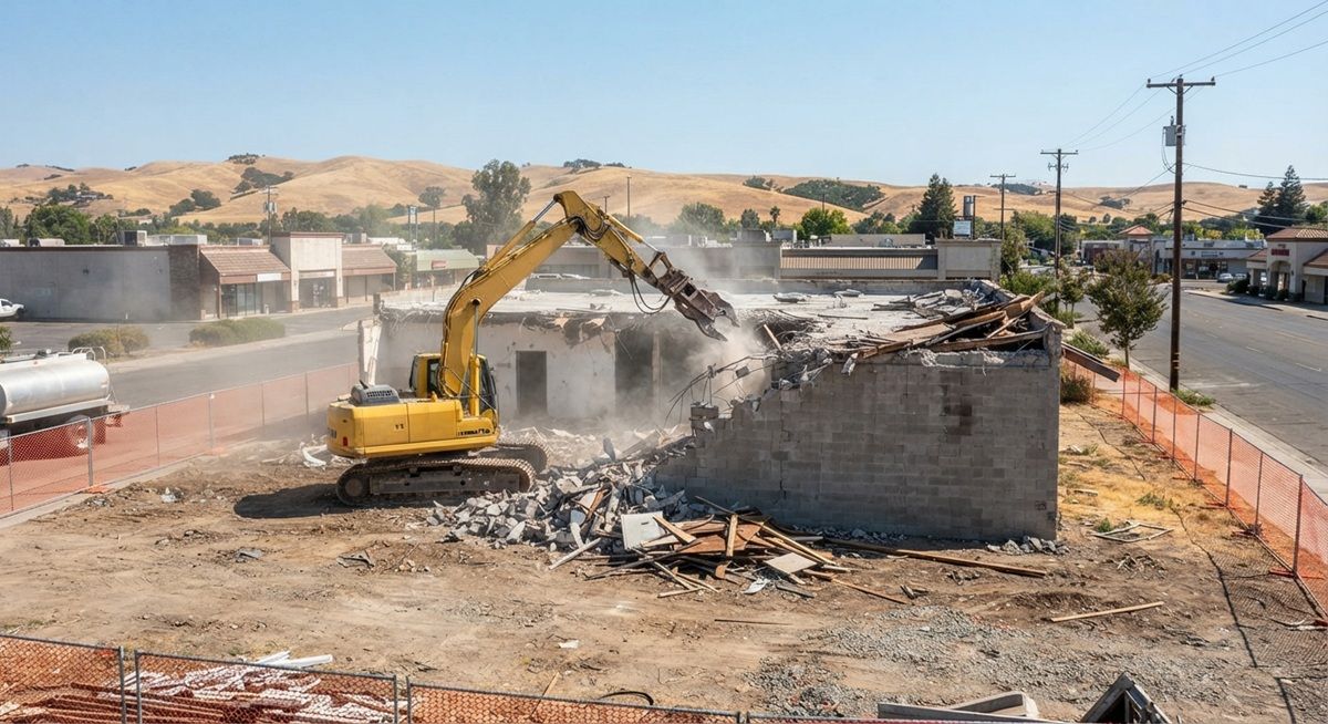 Commercial demolition service excavator tearing down a building in Tracy, California.