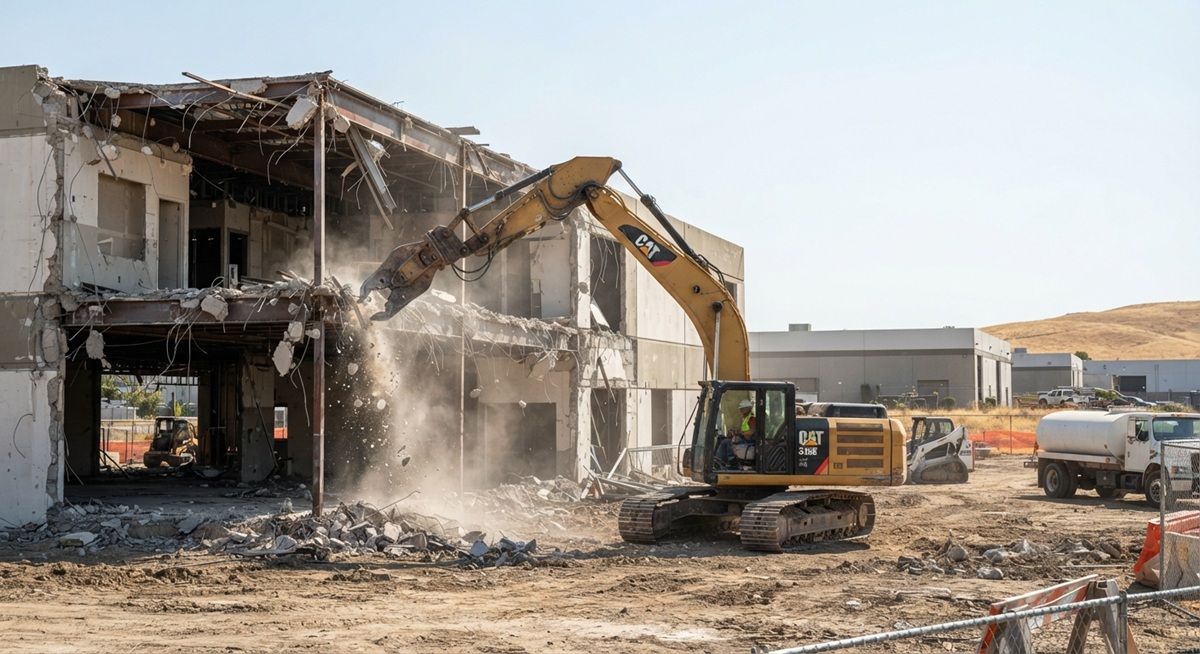 Commercial demolition excavator tearing down a building in Tracy, California.