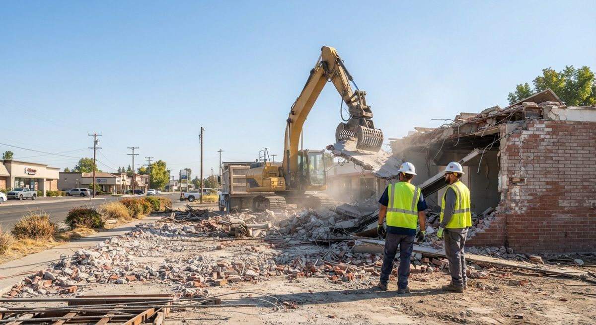 Commercial demolition project with heavy machinery in Tracy, California.