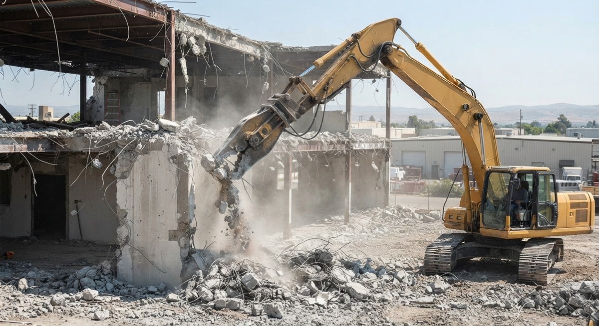 Heavy excavator demolishing a commercial building in Tracy, California.