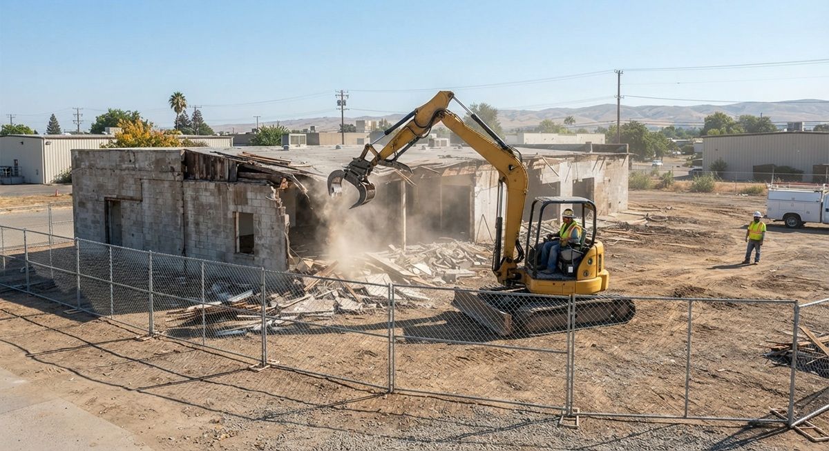 Commercial demolition excavator tearing down a building in Tracy, California.
